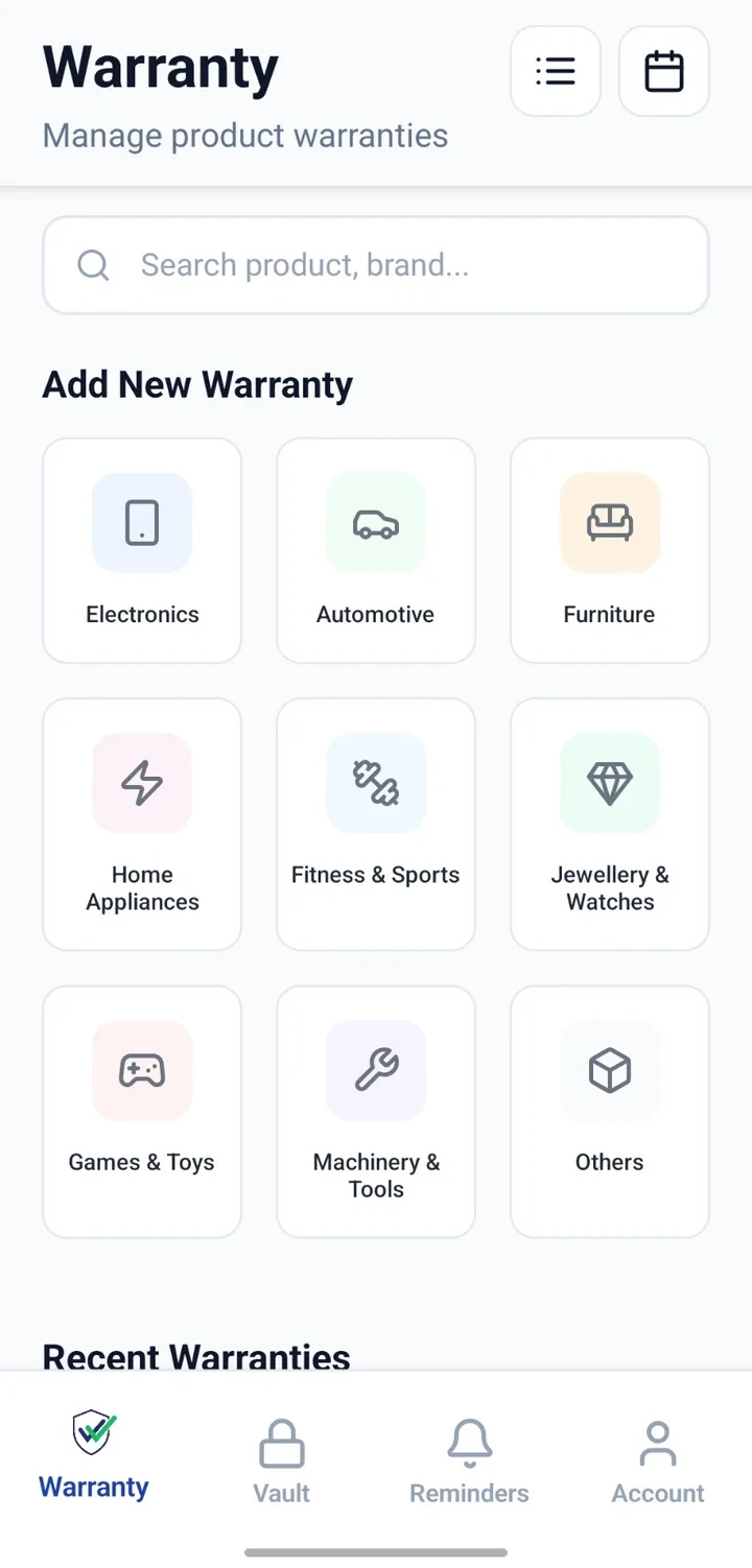 CheckMyWarranty Warranty home screen with product categories